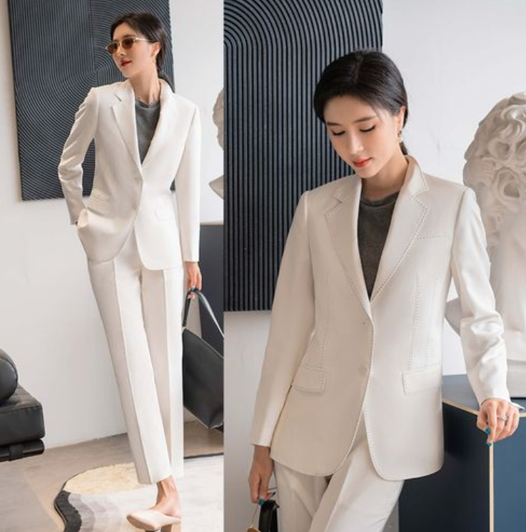 白色女士小西裝套裝，職業女士西裝氣質高雅,果斷干練